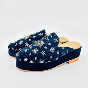 Rare Handmade Navy Velvet Embroidered Platform Slip-On Mule Shoes
